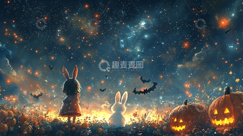 高清大图下载【趣麦麦图】星空下的兔子和南瓜