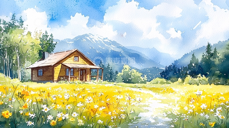 高清大图下载【趣麦麦图】水彩画田园风光