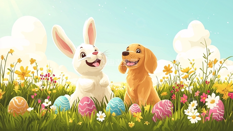 高清大图下载【趣麦麦图】复活节兔子狗狗彩蛋