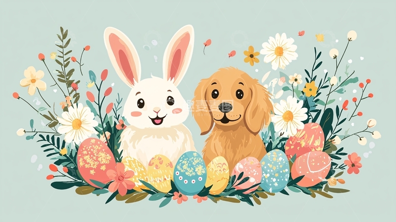 高清大图下载【趣麦麦图】复活节兔子狗狗彩蛋