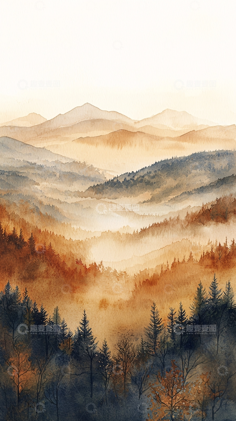 高清大图下载【趣麦麦图】水彩山脉晨雾