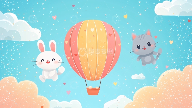 高清大图下载【趣麦麦图】卡通兔子猫咪热气球