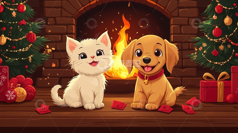 高清大图下载【趣麦麦图】壁炉前的猫和狗