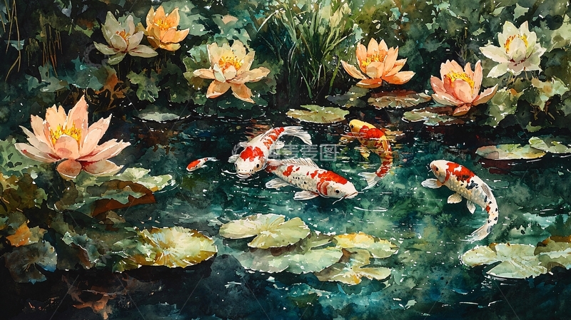 高清大图下载【趣麦麦图】荷花鲤鱼池塘景色