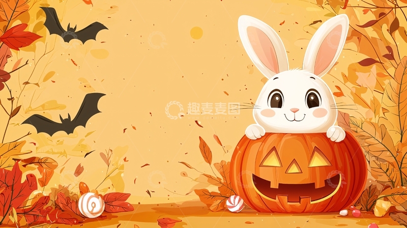 高清大图下载【趣麦麦图】秋季小兔子南瓜灯