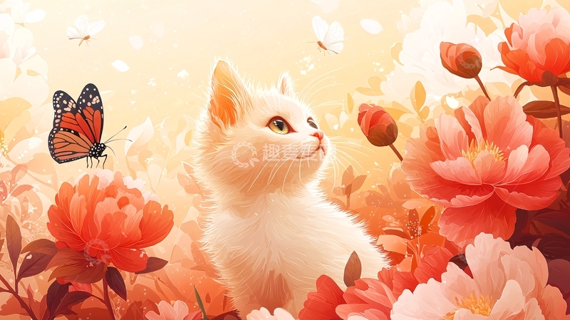 高清大图下载【趣麦麦图】可爱小猫与牡丹花