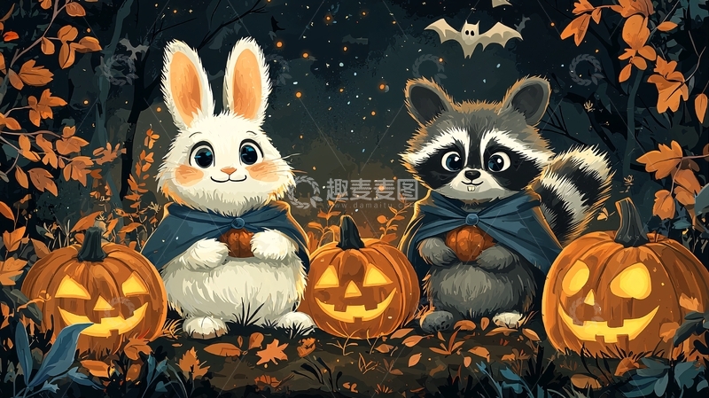 高清大图下载【趣麦麦图】卡通兔子浣熊万圣节