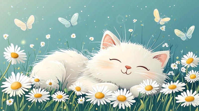 高清大图下载【趣麦麦图】可爱猫咪睡在雏菊花丛中