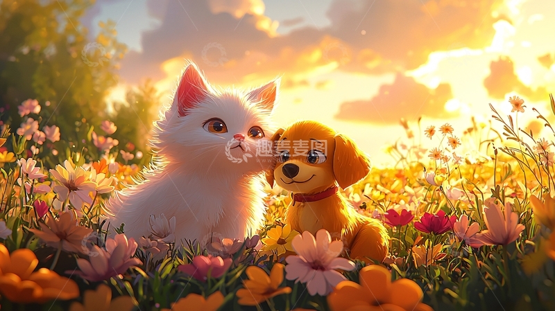 高清大图下载【趣麦麦图】小猫小狗花田夕阳