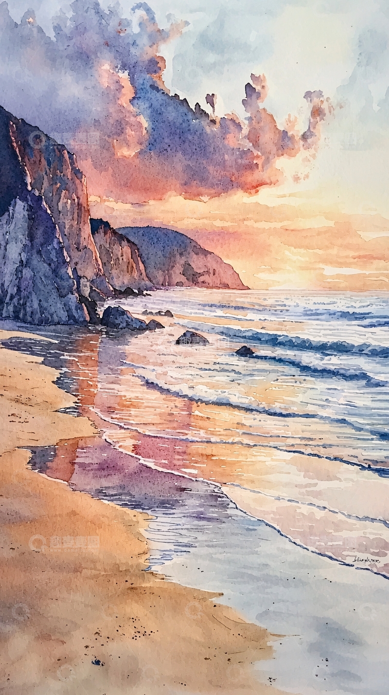 高清大图下载【趣麦麦图】水彩画日落