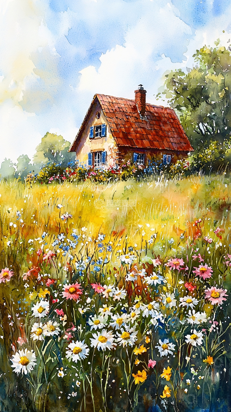 高清大图下载【趣麦麦图】田园小屋水彩画
