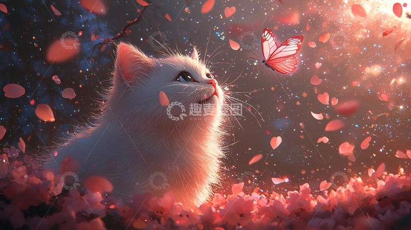 高清大图下载【趣麦麦图】小猫樱花蝴蝶梦幻场景