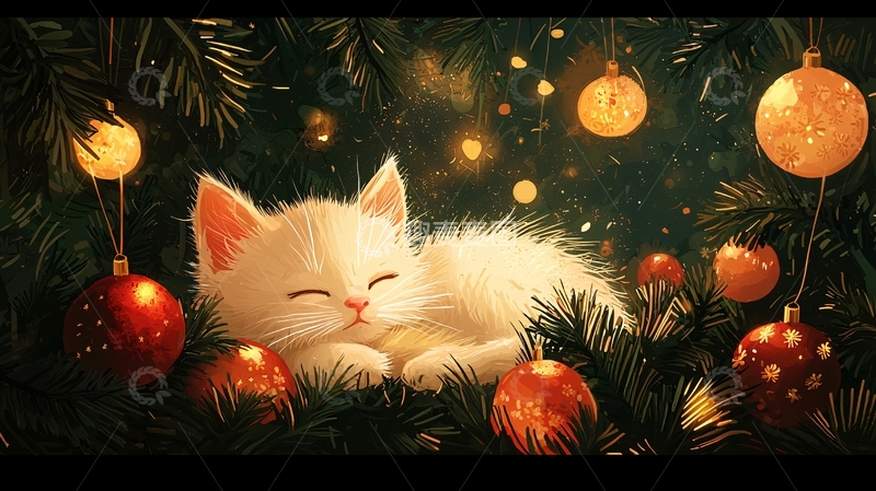 高清大图下载【趣麦麦图】圣诞树下熟睡的小猫