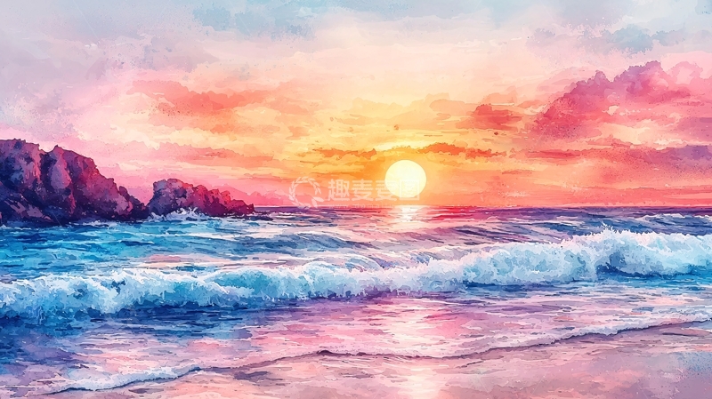 高清大图下载【趣麦麦图】彩色海边日落