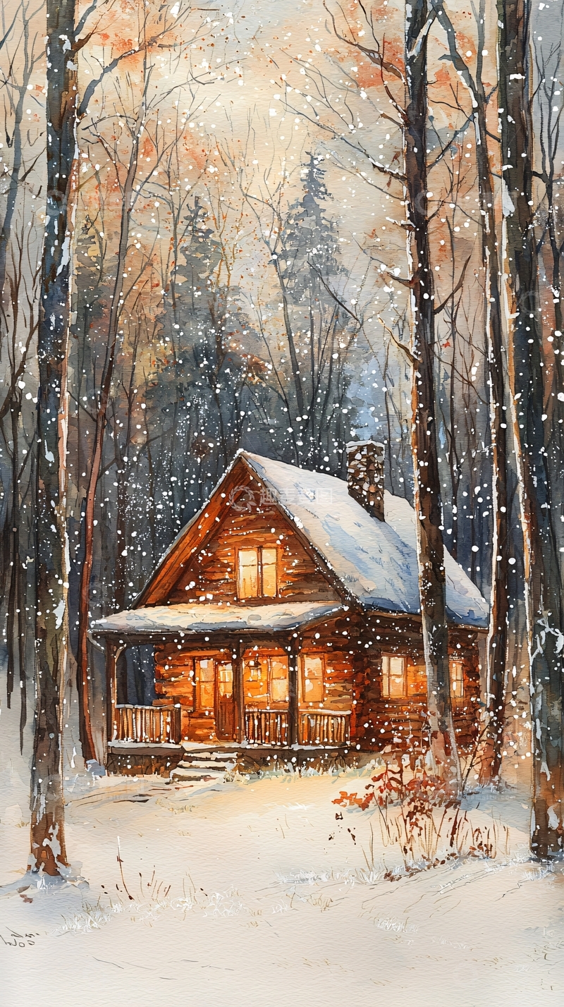 高清大图下载【趣麦麦图】雪夜森林小屋