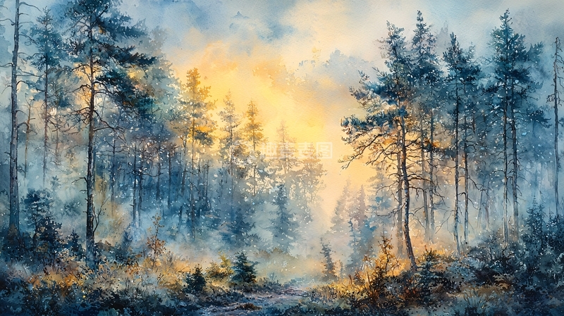 高清大图下载【趣麦麦图】水彩森林日出
