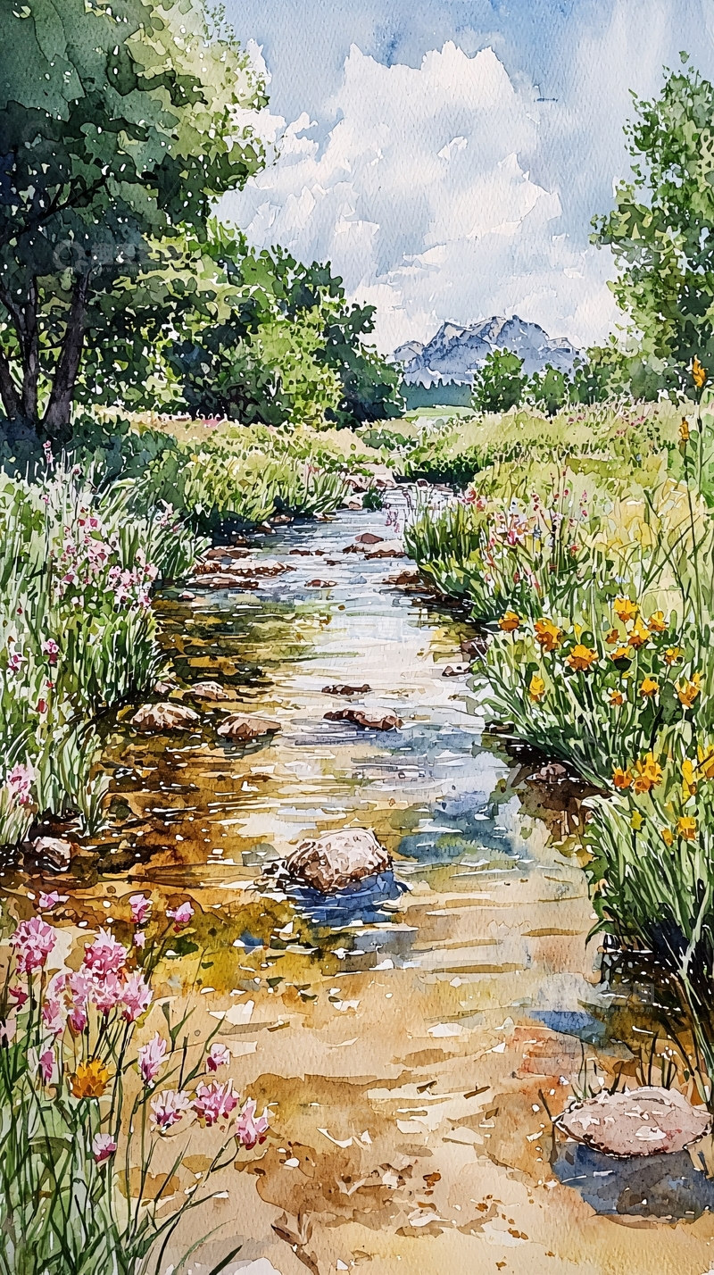 高清大图下载【趣麦麦图】水彩画溪流风景