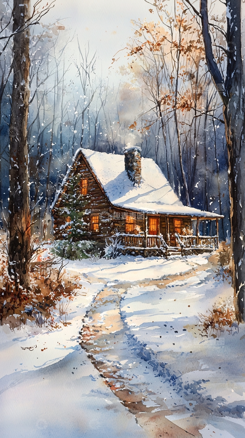 高清大图下载【趣麦麦图】冬日森林木屋