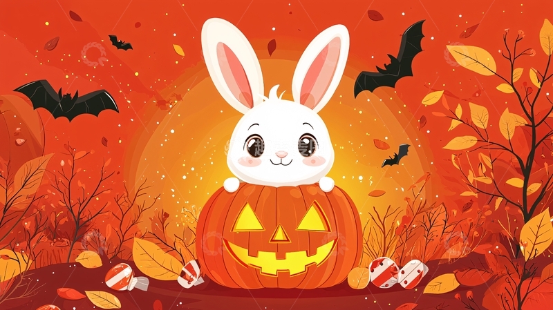 高清大图下载【趣麦麦图】可爱白兔南瓜灯