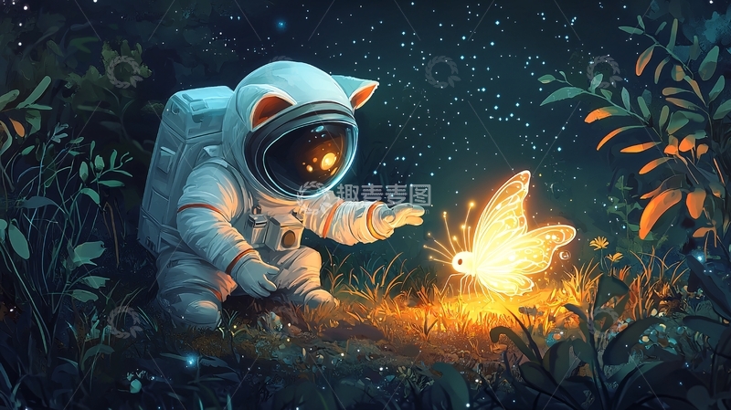 高清大图下载【趣麦麦图】太空猫宇航员与萤火虫