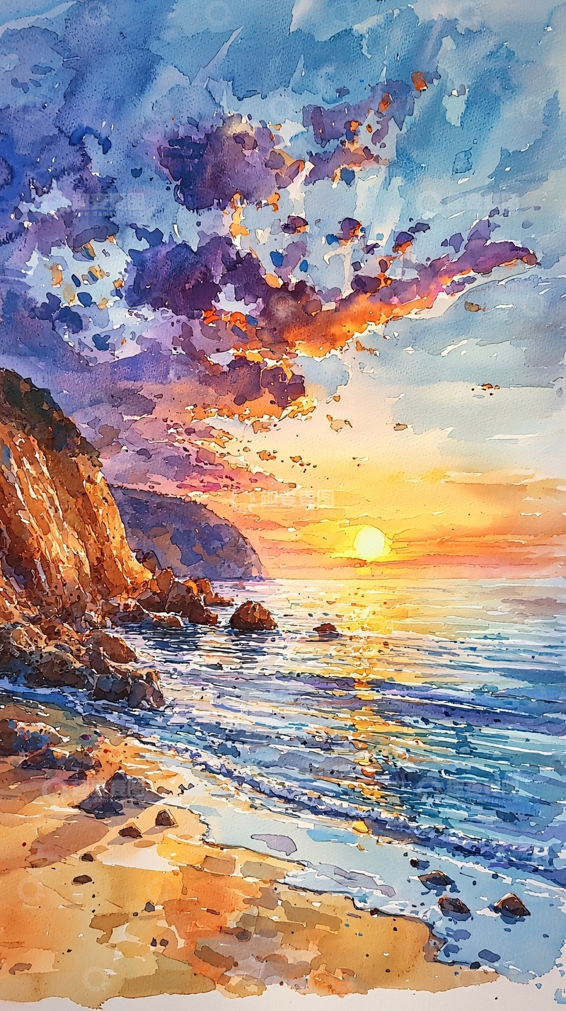 高清大图下载【趣麦麦图】水彩夕阳海景