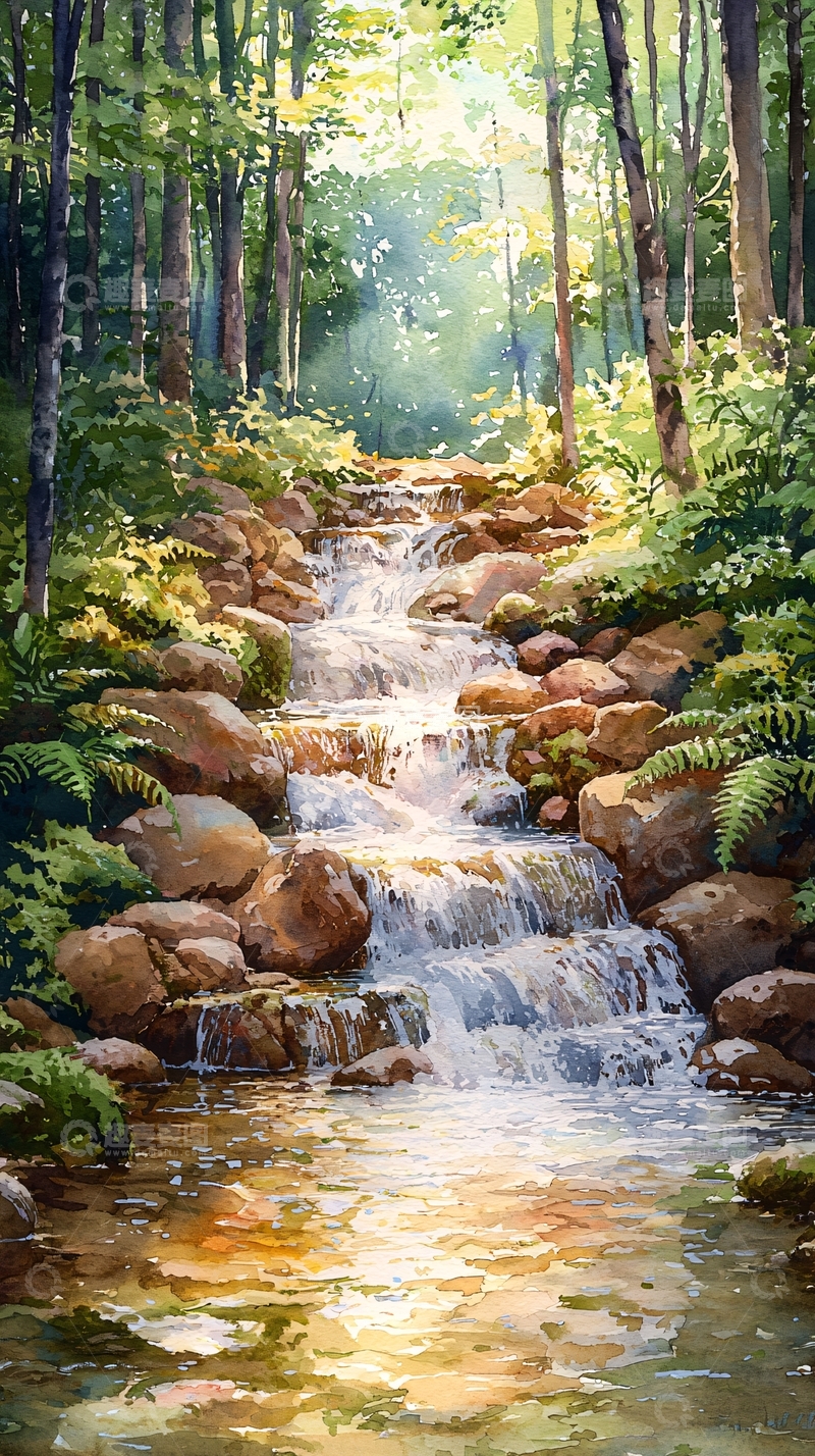 高清大图下载【趣麦麦图】森林溪流阳光