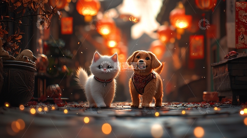 高清大图下载【趣麦麦图】猫咪狗狗古镇夜景