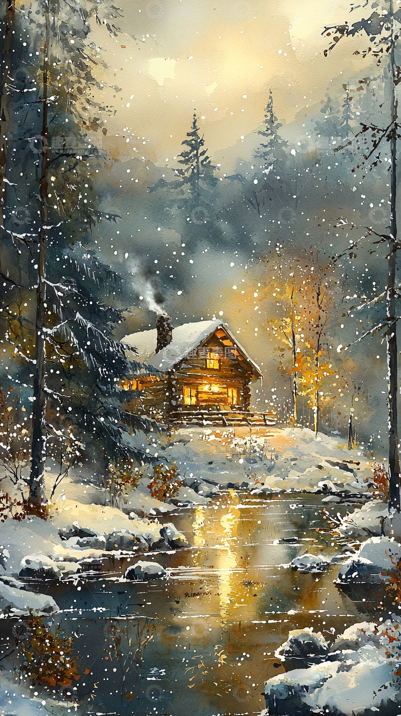 高清大图下载【趣麦麦图】雪夜森林小屋