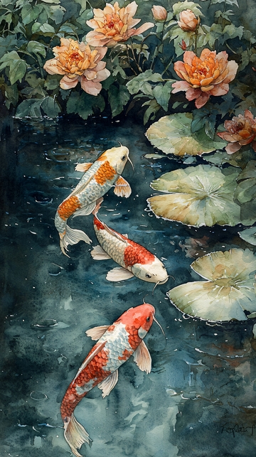 水彩画锦鲤荷花