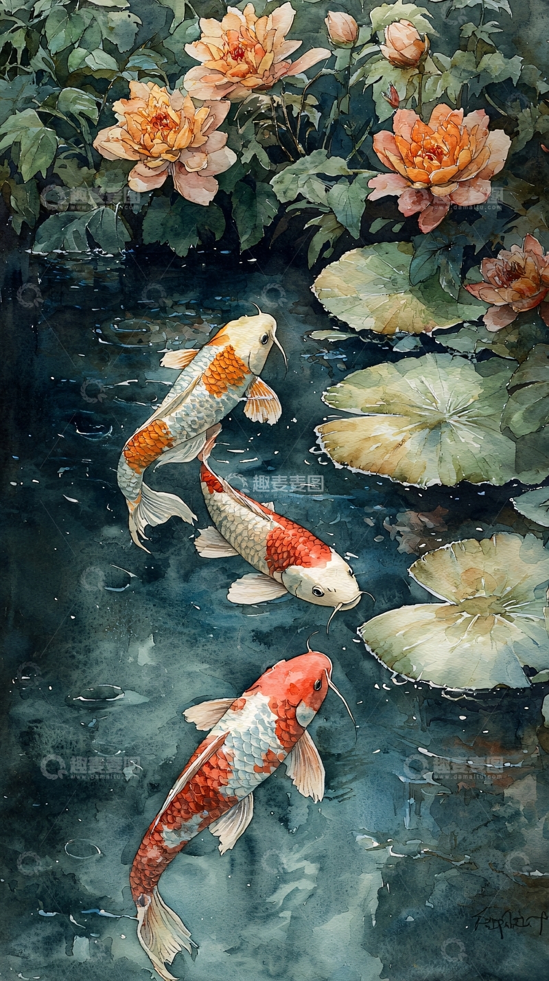 高清大图下载【趣麦麦图】水彩画锦鲤荷花