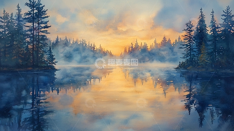 高清大图下载【趣麦麦图】清晨薄雾森林湖泊