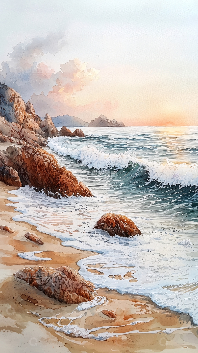 高清大图下载【趣麦麦图】海边日落岩石沙滩