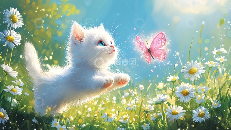 高清大图下载【趣麦麦图】小猫追逐蝴蝶