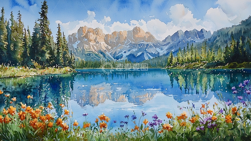 高清大图下载【趣麦麦图】山峰倒影湖泊鲜花