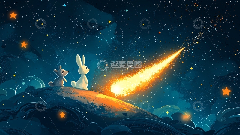 高清大图下载【趣麦麦图】星空下的兔子与流星