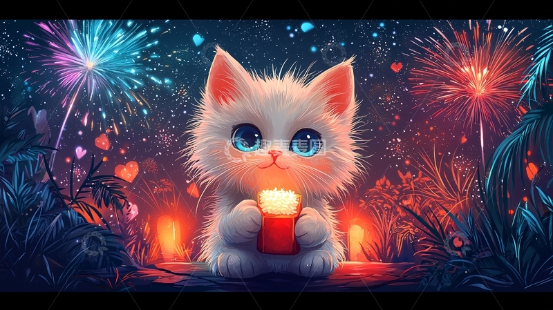 高清大图下载【趣麦麦图】可爱小猫抱着蜡烛看烟花