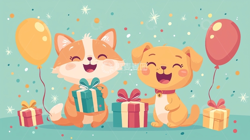 高清大图下载【趣麦麦图】可爱卡通宠物生日派对