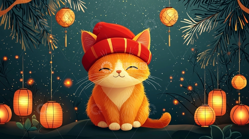高清大图下载【趣麦麦图】戴红帽子的橘猫