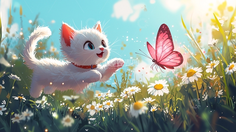 高清大图下载【趣麦麦图】小白猫追逐蝴蝶