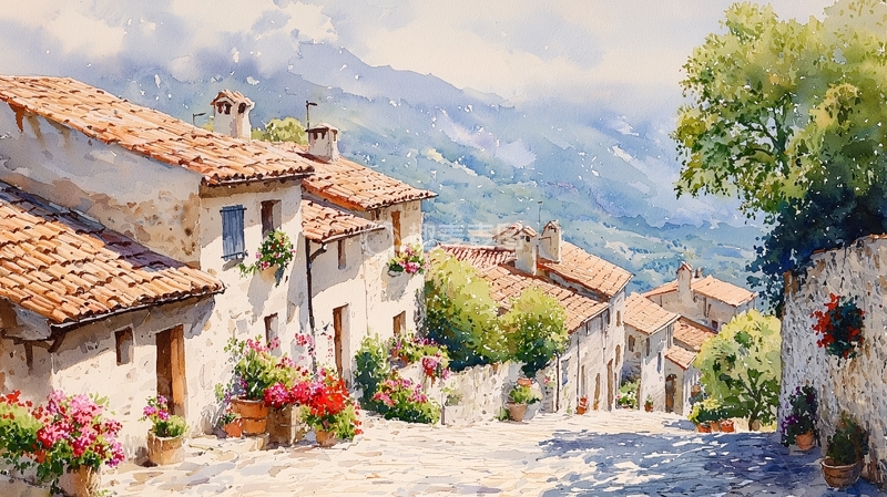 高清大图下载【趣麦麦图】水彩画山村风景