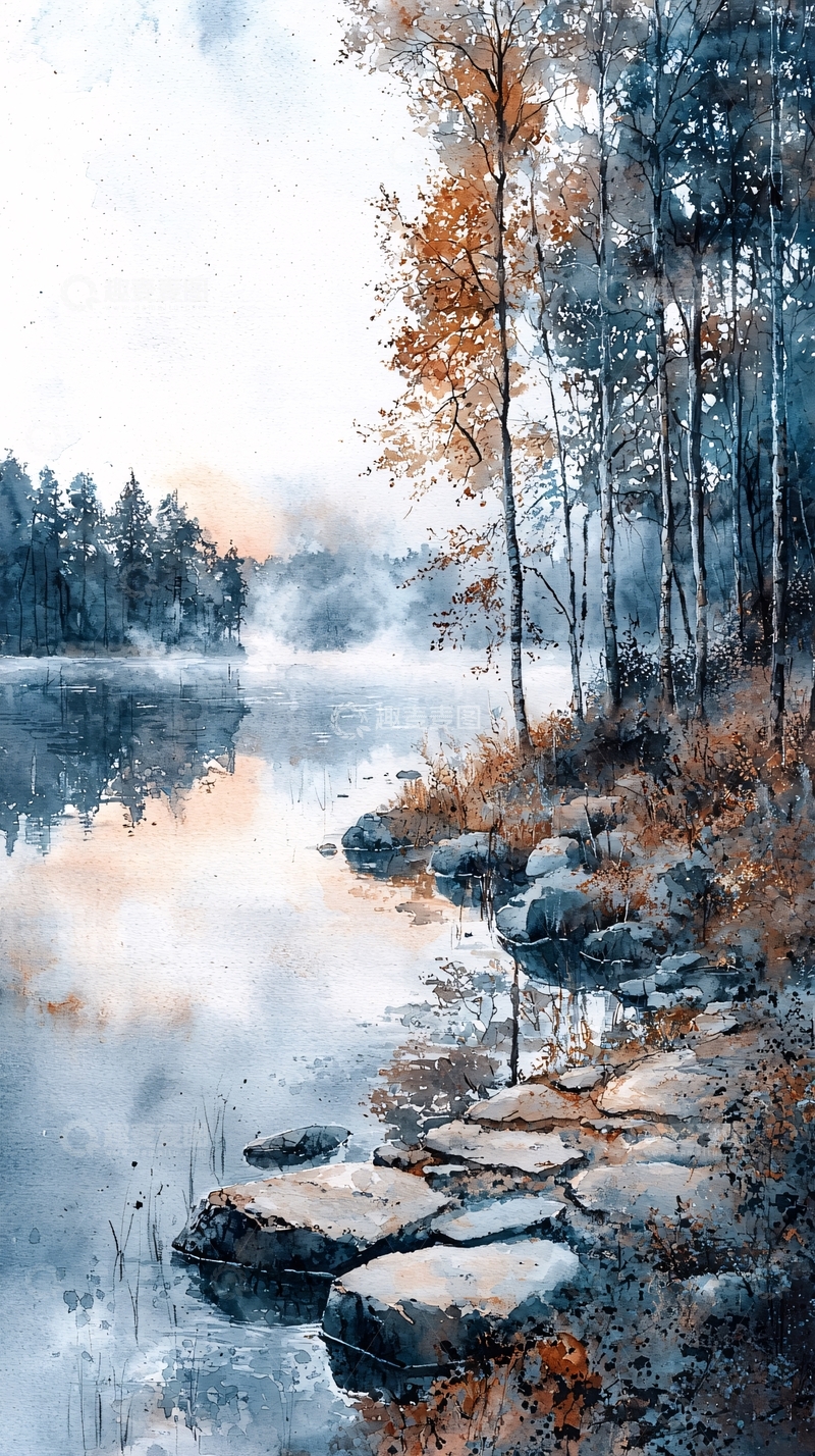 高清大图下载【趣麦麦图】清晨雾气湖边树林