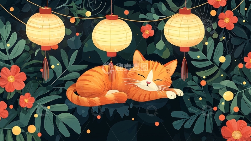 高清大图下载【趣麦麦图】小猫睡觉灯笼花朵