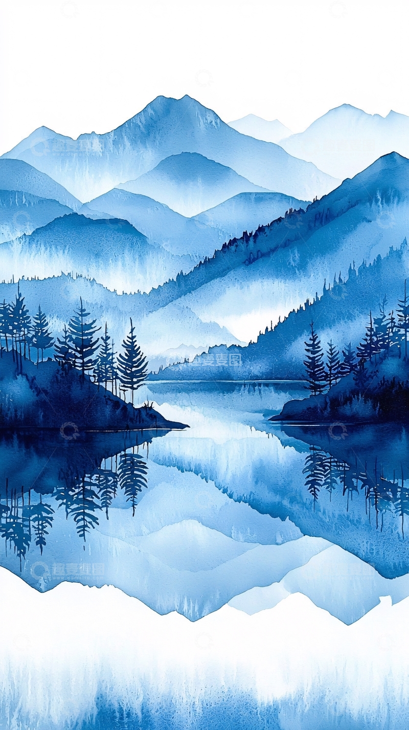高清大图下载【趣麦麦图】水墨蓝山湖泊风景