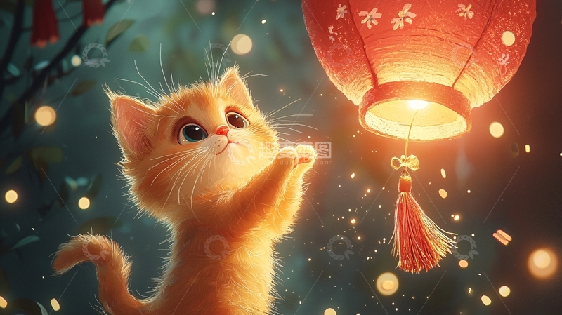 高清大图下载【趣麦麦图】小猫仰望红灯笼