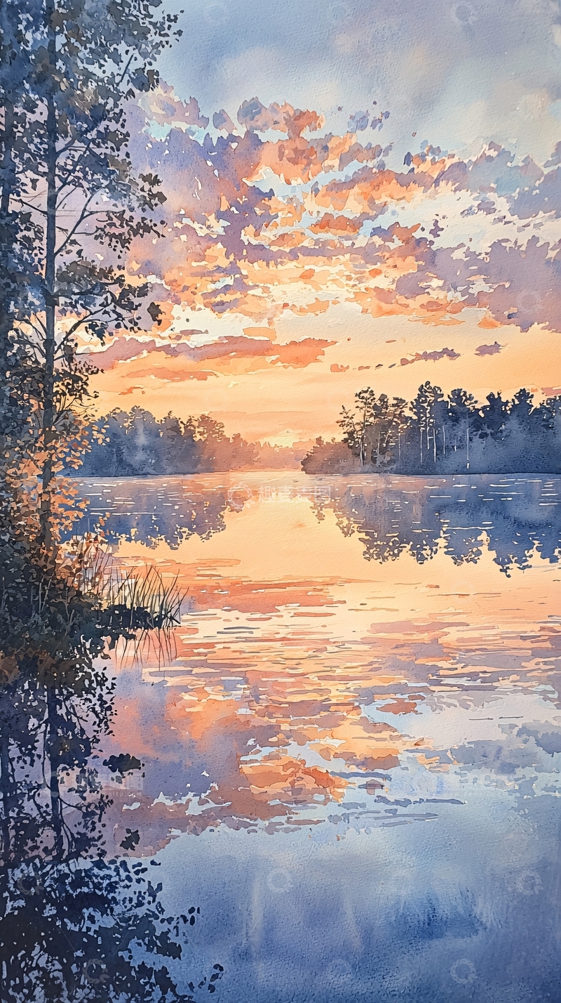 高清大图下载【趣麦麦图】平静湖面日落景色