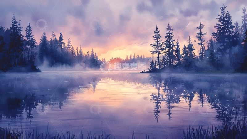 高清大图下载【趣麦麦图】雾气森林湖泊日落