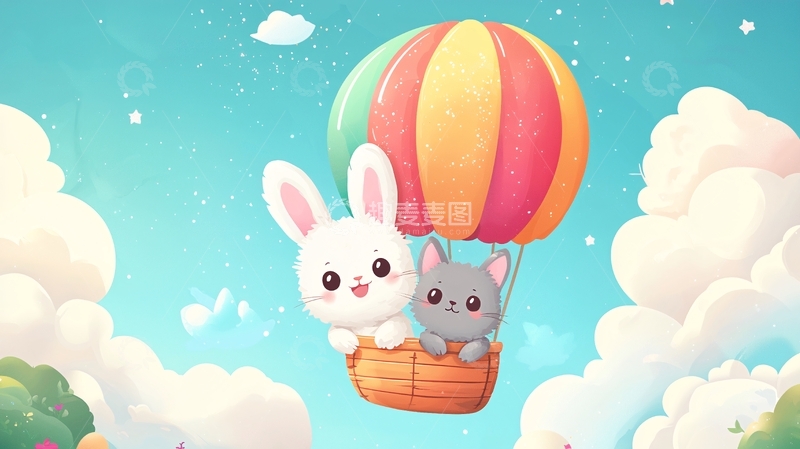 高清大图下载【趣麦麦图】卡通兔子猫咪热气球