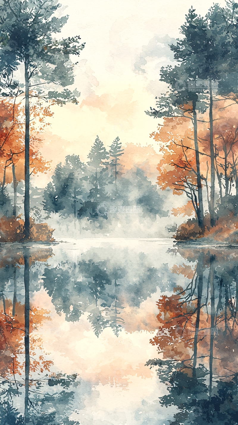 高清大图下载【趣麦麦图】水彩秋景湖面树木倒影