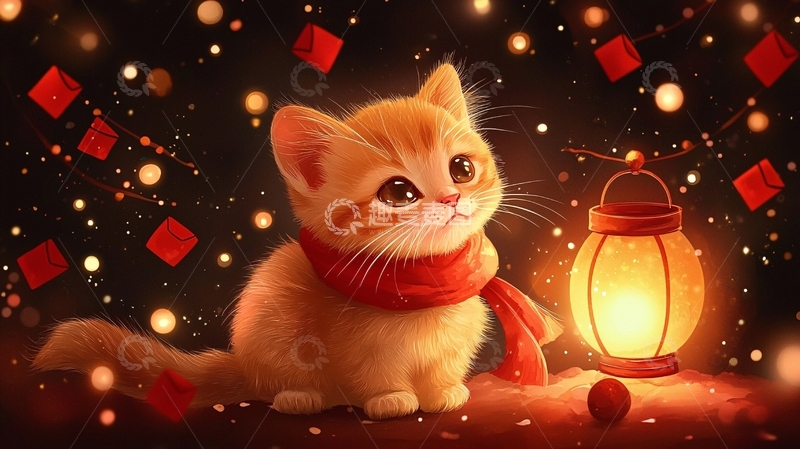 高清大图下载【趣麦麦图】小猫戴围巾灯光背景