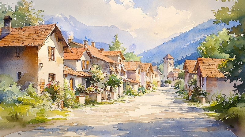 高清大图下载【趣麦麦图】水彩画山村街道